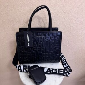 NWT KARL LAGERFELD Maybelle Classic Black Crossbody Satchel coin purse Embossed